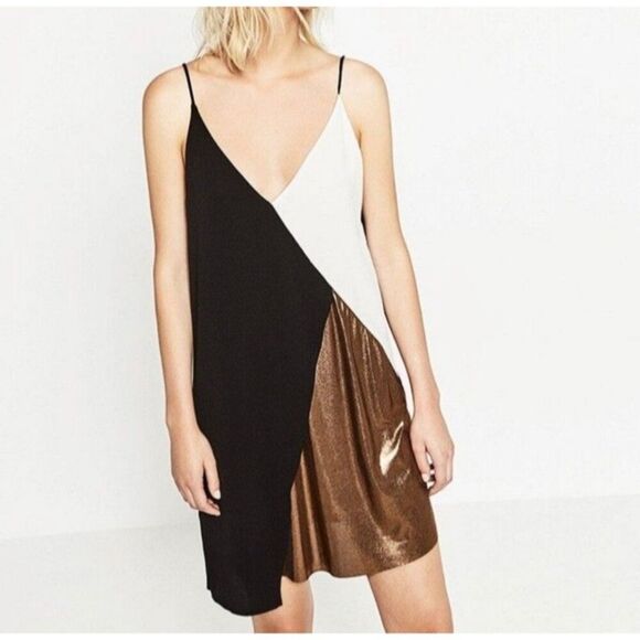 Zara Women Asymmetrical Color Block Metallic Slip Dress Size S - Picture 6 of 9